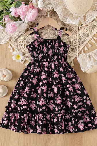 Black floral print rayon smocked fit & flare midi dress for girls