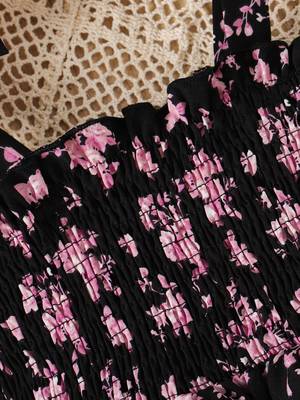 Black floral print rayon smocked fit & flare midi dress for girls 3