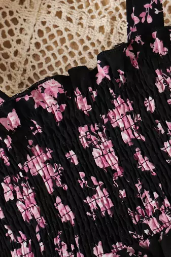 Black floral print rayon smocked fit & flare midi dress for girls