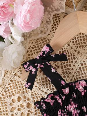 Black floral print rayon smocked fit & flare midi dress for girls 4