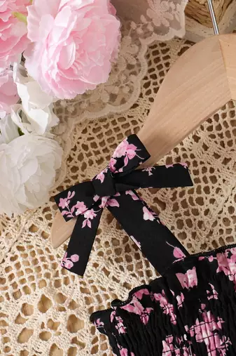 Black floral print rayon smocked fit & flare midi dress for girls