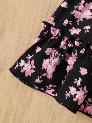 Black floral print rayon smocked fit & flare midi dress for girls 5