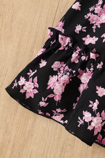 Black floral print rayon smocked fit & flare midi dress for girls