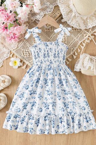 blue floral print rayon smocked fit & flare midi dress for girls