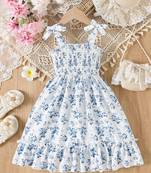 blue floral print rayon smocked fit & flare midi dress for girls