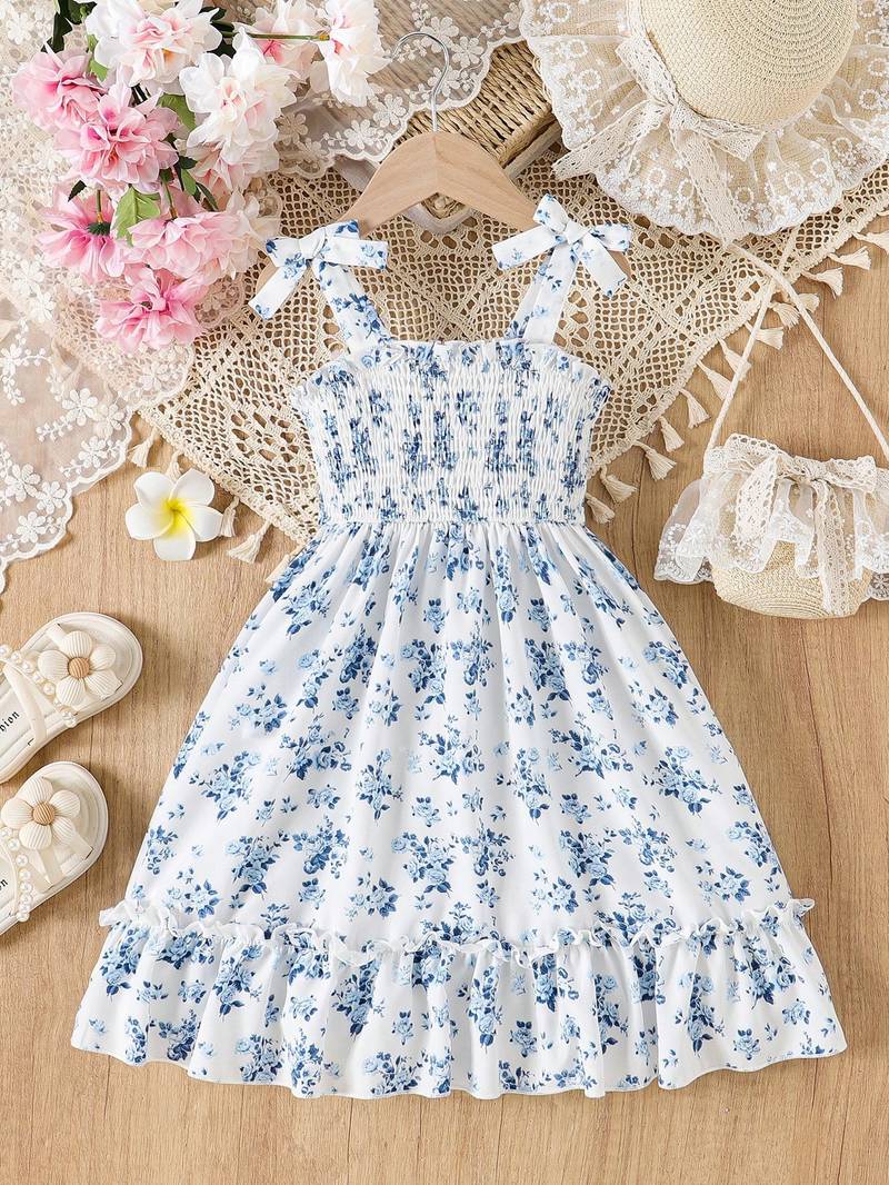 blue floral print rayon smocked fit & flare midi dress for girls
