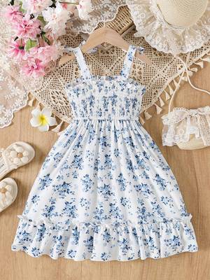 blue floral print rayon smocked fit & flare midi dress for girls 2