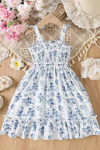 blue floral print rayon smocked fit & flare midi dress for girls