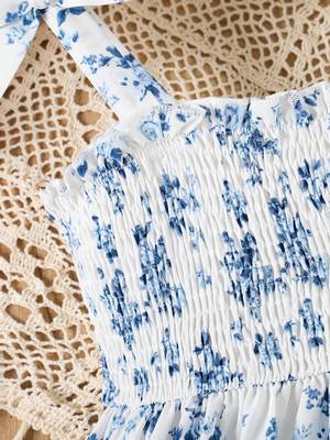 blue floral print rayon smocked fit & flare midi dress for girls 3
