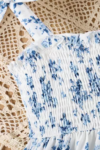 blue floral print rayon smocked fit & flare midi dress for girls