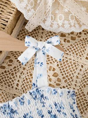 blue floral print rayon smocked fit & flare midi dress for girls 4