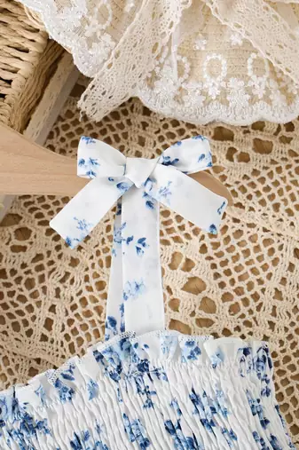 blue floral print rayon smocked fit & flare midi dress for girls