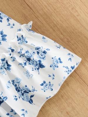blue floral print rayon smocked fit & flare midi dress for girls 5