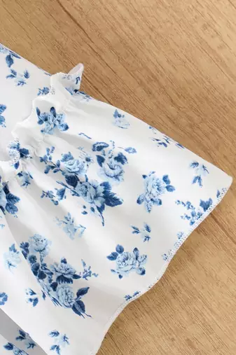 blue floral print rayon smocked fit & flare midi dress for girls