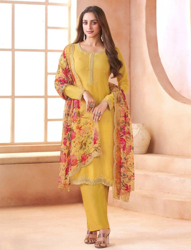 Yellow embroidered siffon semi-stitched pakistani salwar suit