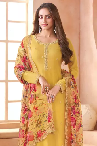Yellow embroidered siffon salwar suit