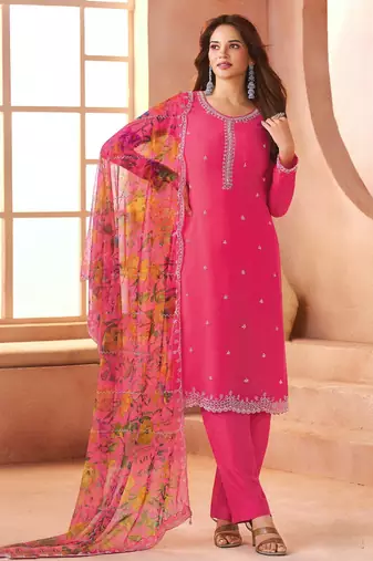 Pink embroidered siffon semi-stitched pakistani salwar suit