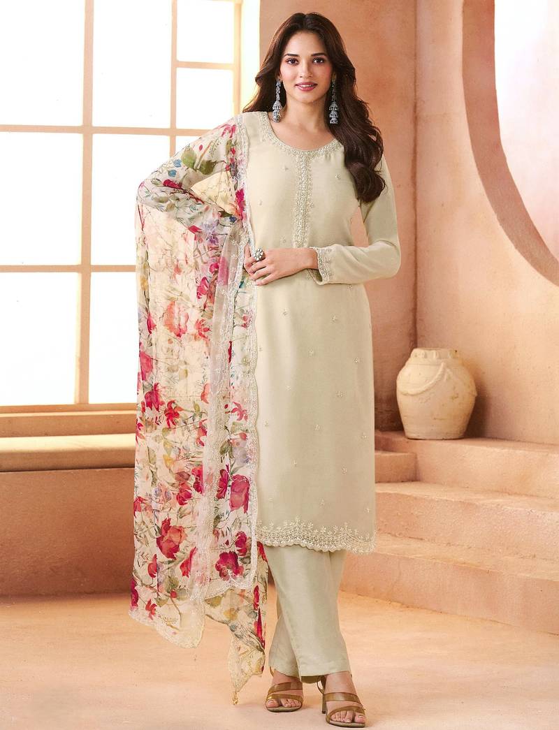 White embroidered siffon semi-stitched pakistani salwar suit