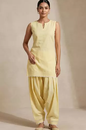 Yellow slub cotton kurta with loose fit farshi salwar