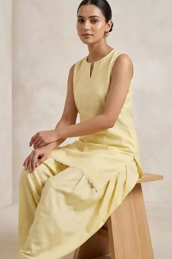 Yellow slub cotton kurta with loose fit farshi salwar
