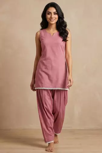Onion slub cotton kurta with loose fit farshi salwar