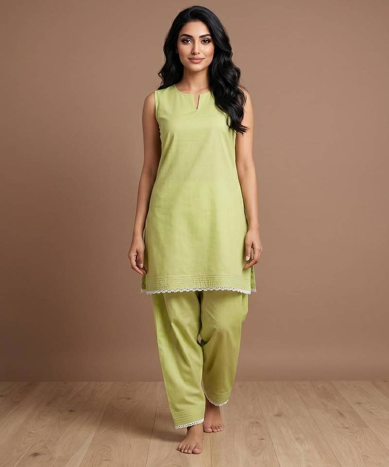 Pista slub cotton kurta with loose fit farshi salwar