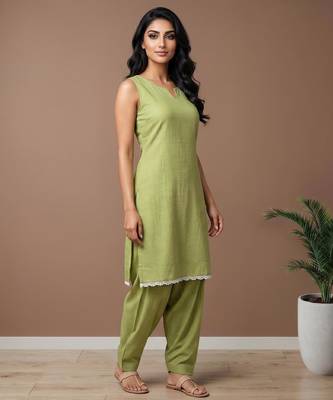 Pista slub cotton kurta with loose fit farshi salwar 4