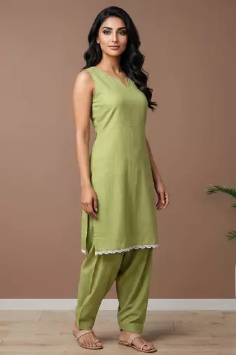Pista slub cotton kurta with loose fit farshi salwar