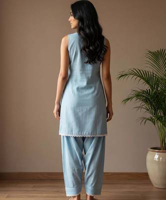 Sky slub cotton kurta with loose fit farshi salwar 2