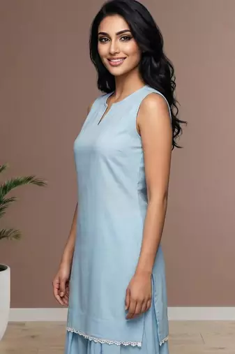 Sky slub cotton kurta with loose fit farshi salwar