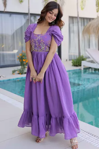 Notable Purple Bead Work Chanderi Festive Wear Dress