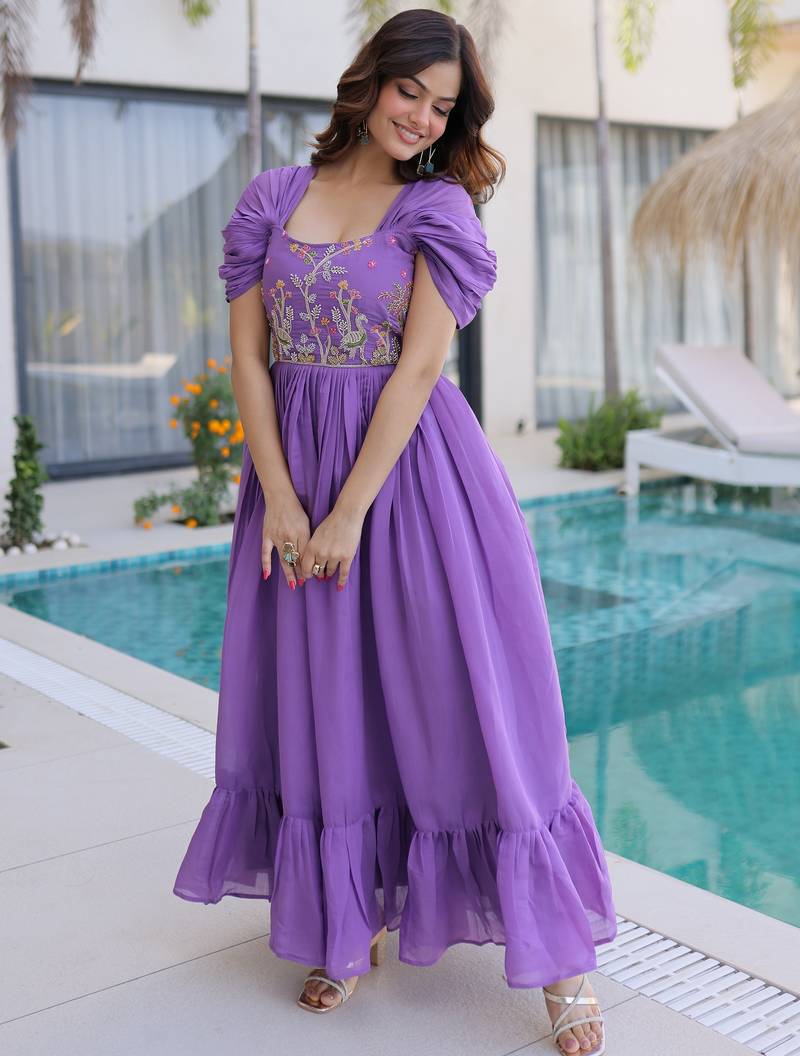 Notable Purple Bead Work Chanderi Festive Wear Dress