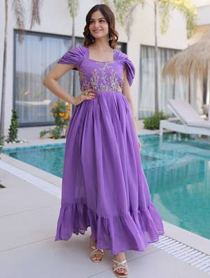 Notable Purple Bead Work Chanderi Festive Wear Dress 2