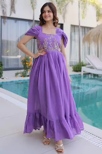 Notable Purple Bead Work Chanderi Festive Wear Dress