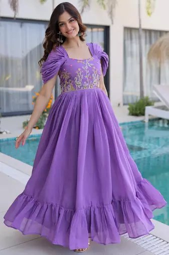 Notable Purple Bead Work Chanderi Festive Wear Dress