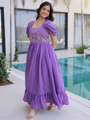 Notable Purple Bead Work Chanderi Festive Wear Dress 4