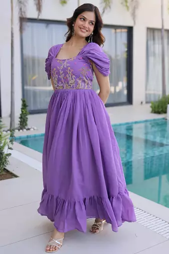 Notable Purple Bead Work Chanderi Festive Wear Dress