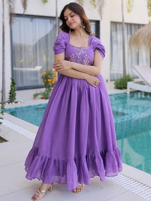 Notable Purple Bead Work Chanderi Festive Wear Dress 5