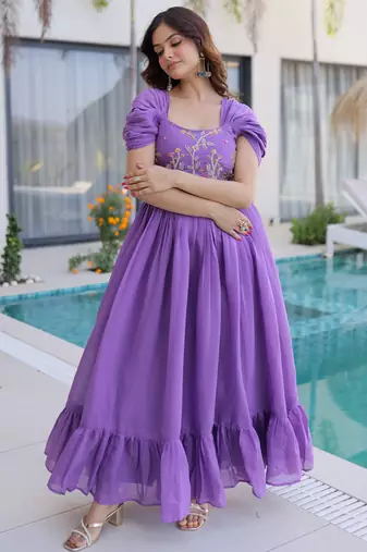 Notable Purple Bead Work Chanderi Festive Wear Dress