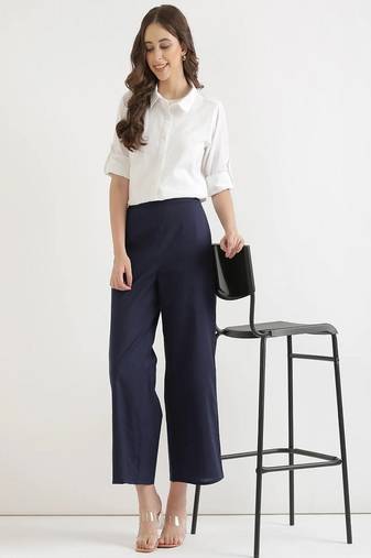 Styllow women navy blue high-rise trousers with 2 deep pockets