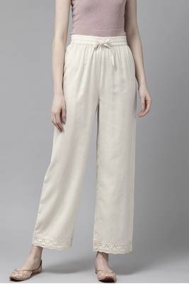 Womens cotton flax solid straight palazzo (off-white) 1