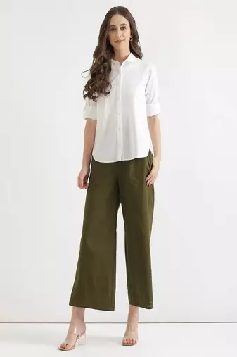 Styllow women olive green high-rise trousers with 2 deep pockets
