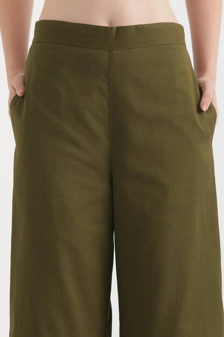 Styllow women olive green high-rise trousers with 2 deep pockets