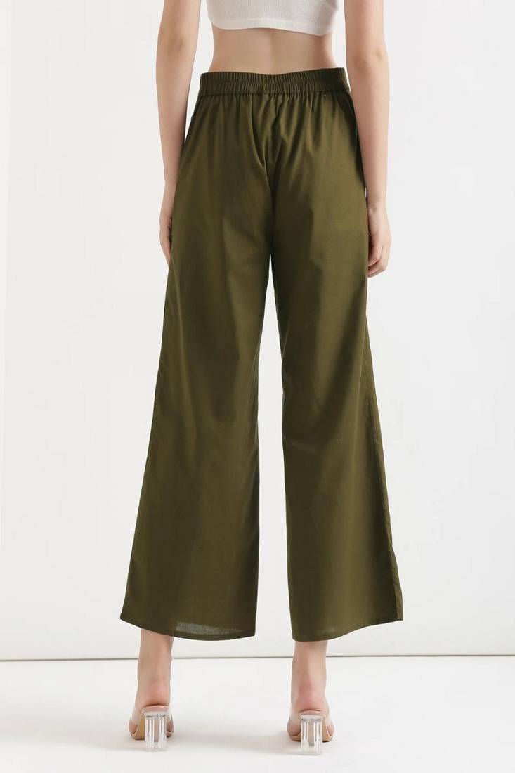 Styllow women olive green high-rise trousers with 2 deep pockets