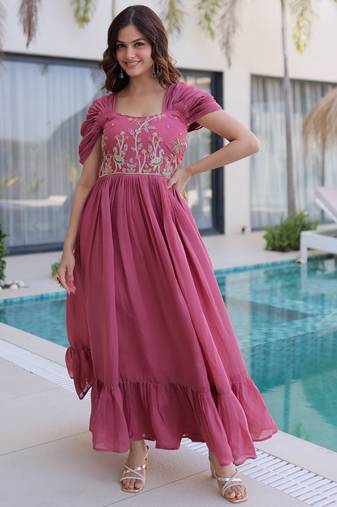 Stupendous Rose Pink Bead Work Chanderi Bridesmaid Dress
