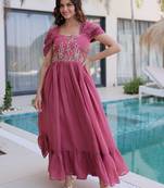 Stupendous Rose Pink Bead Work Chanderi Bridesmaid Dress