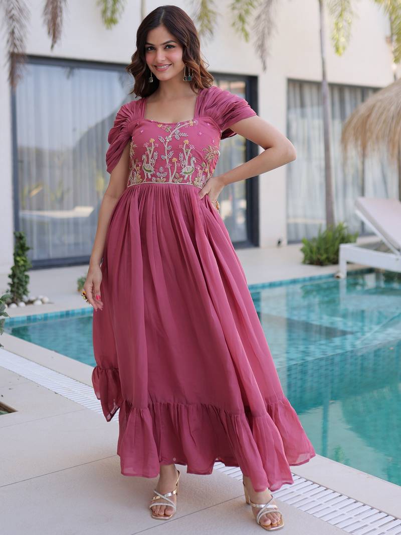 Stupendous Rose Pink Bead Work Chanderi Bridesmaid Dress