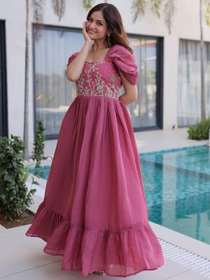 Stupendous Rose Pink Bead Work Chanderi Bridesmaid Dress 4