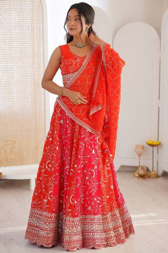 Stunning Orange Thread Work Georgette Function Wear Lehenga Choli