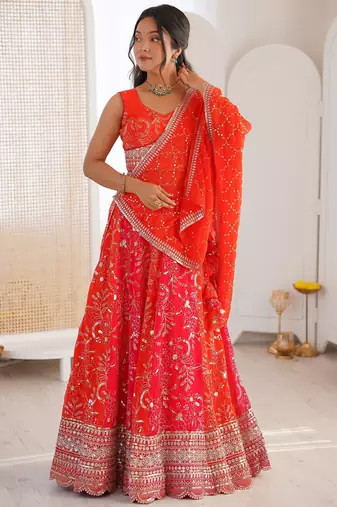 Stunning Orange Thread Work Georgette Function Wear Lehenga Choli